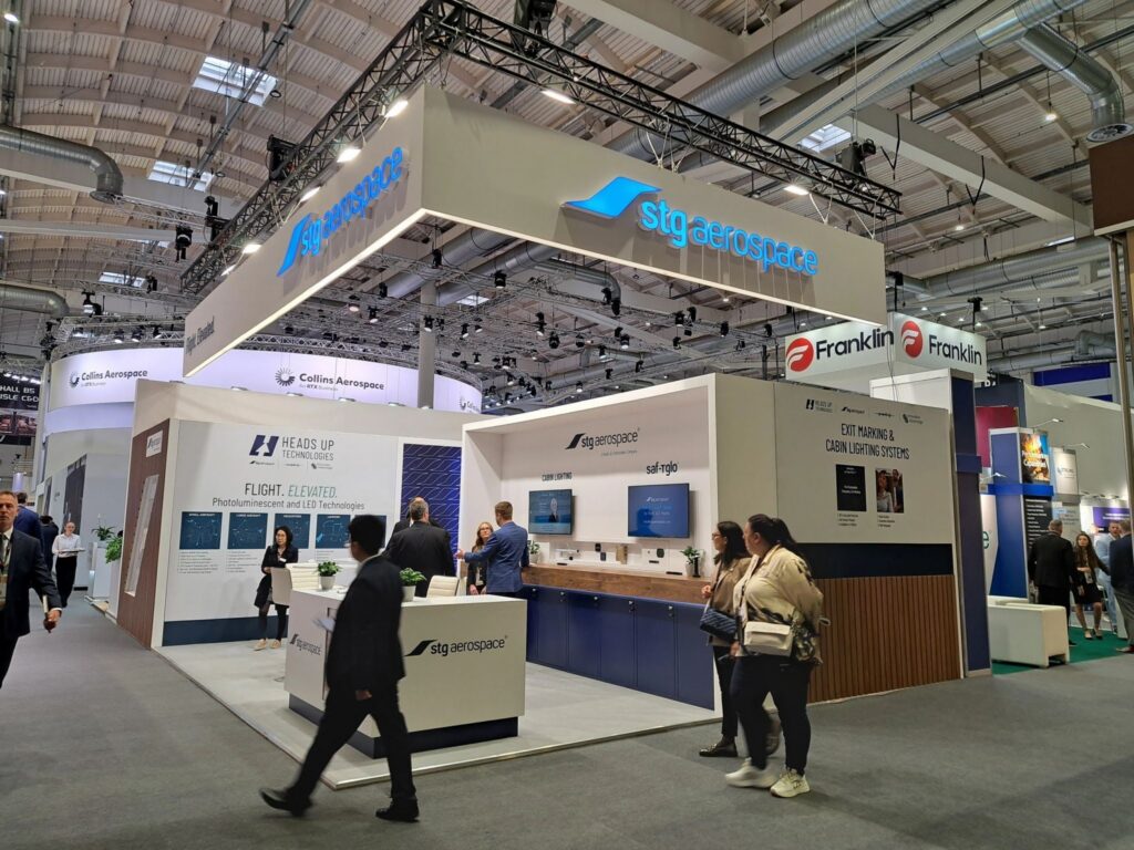 STG Aerospace booth at Aircraft Interiors Expo showcasing cabin lighting and exit marking systems
