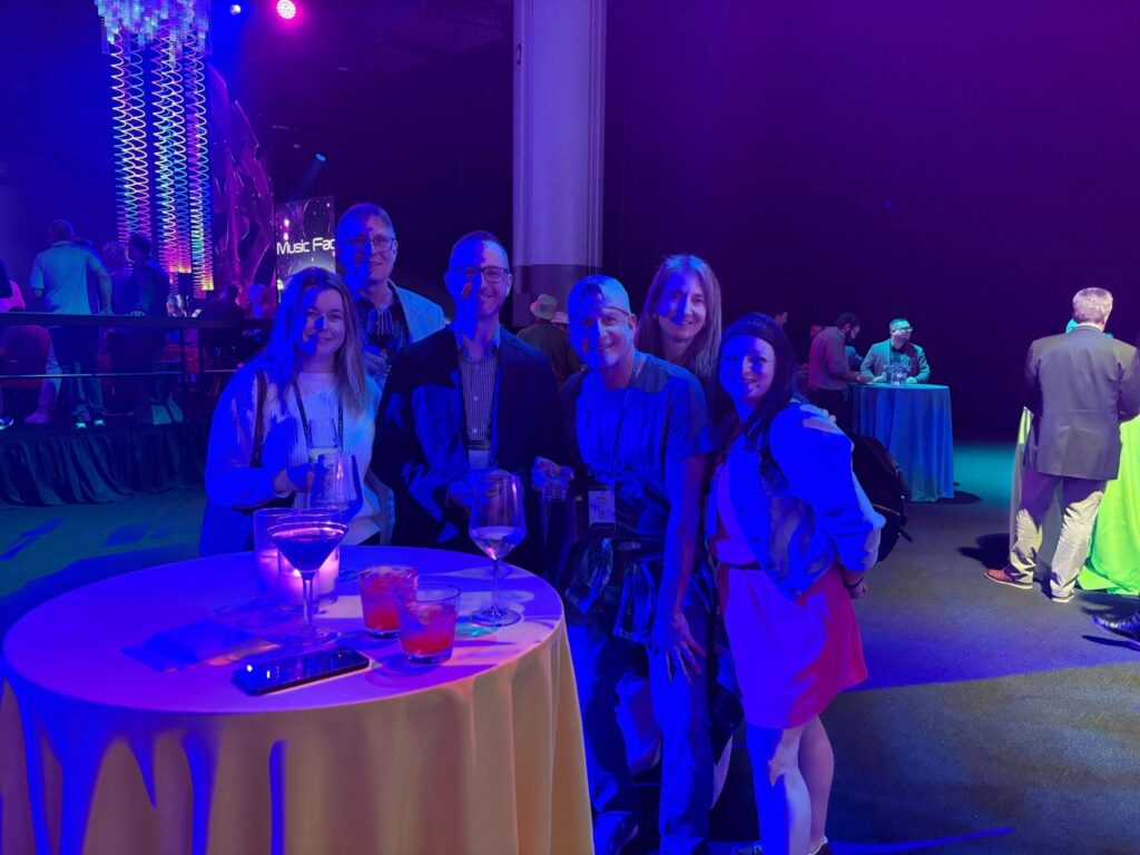 Heads Up Technologies team networking with partners at Gulfstream's Skyward event evening reception in Savannah
